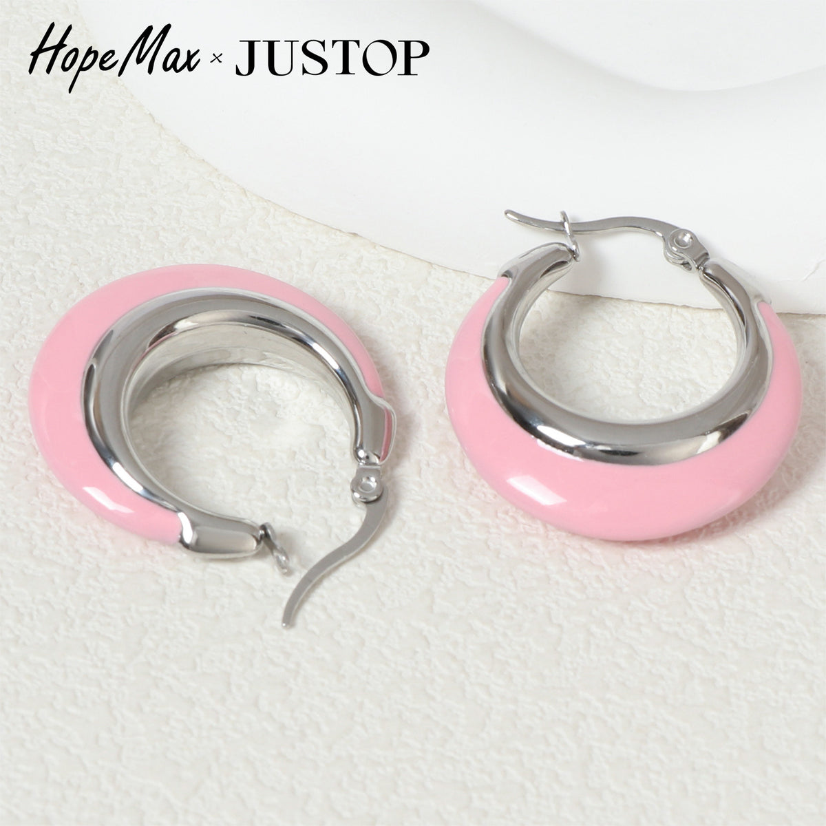 Justop European and American Steel Color Polished Color Matching Enamel Hoop Earrings Pink and White Contrasting Color Ins Sweet and Cool Style Earrings