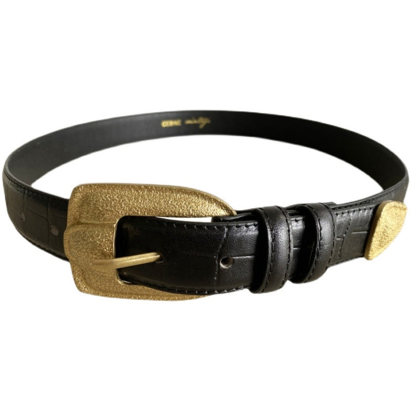 Genuine Leather Distressed Hardware Crescent Belt for Women, Trendy Retro Punk Original Design Brand Cowhide Belt