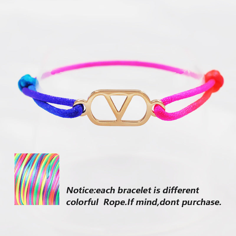 Cross-Border Supply Export Hand-Woven Couple Stainless Steel Warren V Hand Rope Cut Out English Letter Hand Rope Adjustable