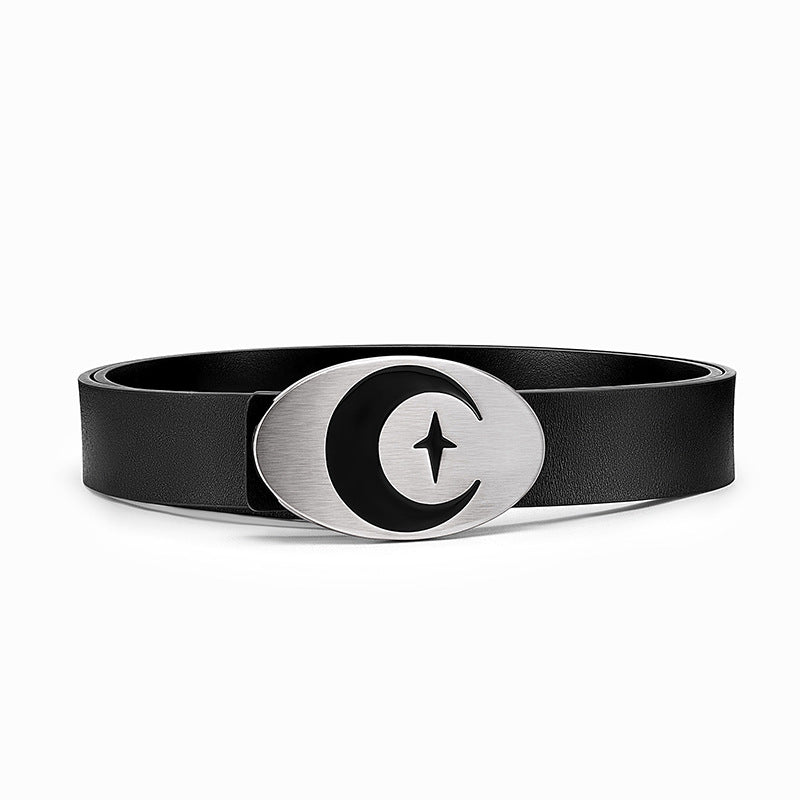 Genuine Leather Distressed Hardware Crescent Belt for Women, Trendy Retro Punk Original Design Brand Cowhide Belt