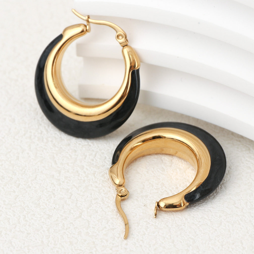 Justop French Ins Personalized Pearl Black Oil Drop Earrings Stainless Steel Vacuum Electroplated Earrings Hong Kong Style Earrings