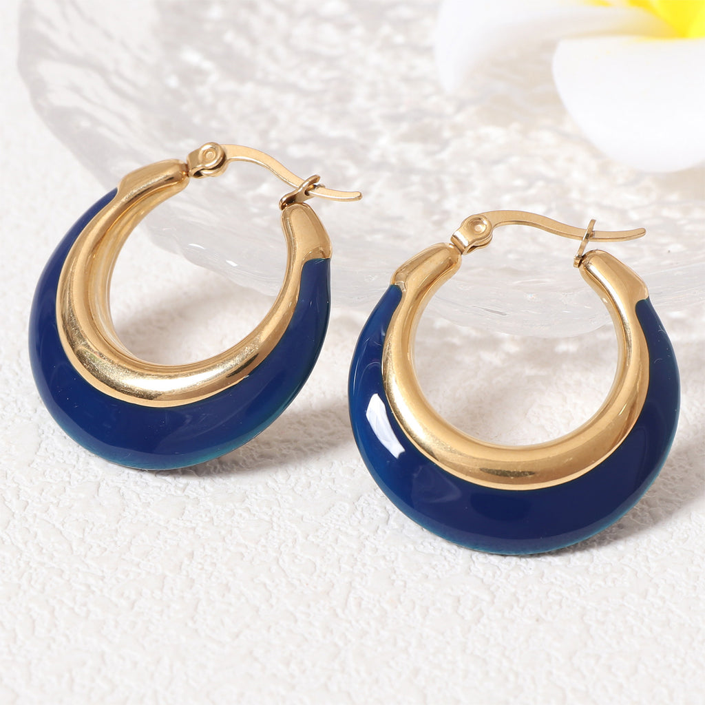 Justop European and American Fashion Navy Blue Oil Drop Earrings Real Gold Electroplated Stainless Steel Earrings French Simple Earrings