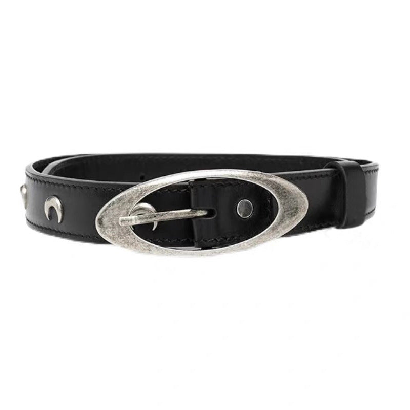 Genuine Leather Distressed Hardware Crescent Belt for Women, Trendy Retro Punk Original Design Brand Cowhide Belt