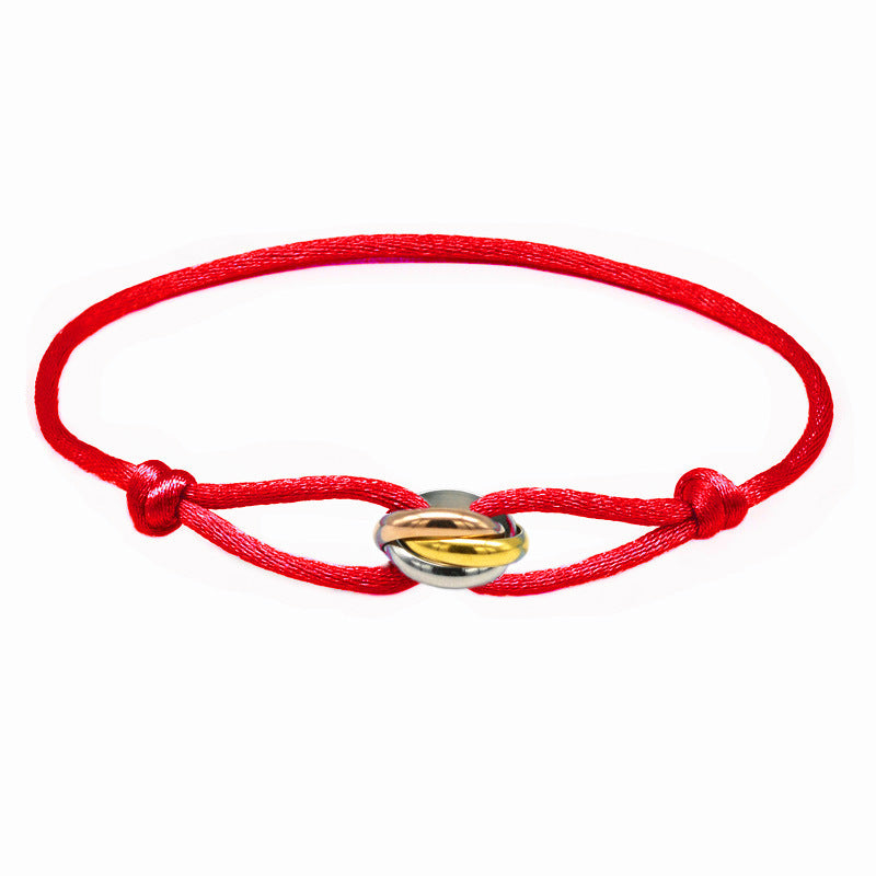 Cross-border supply of foreign trade hand-woven couples stainless steel DIY hand rope three-color three-ring hand rope adjustable bracelet