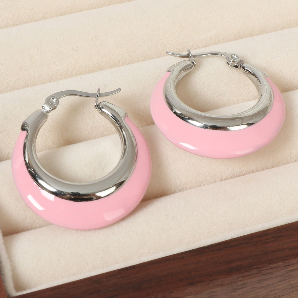 Justop European and American Steel Color Polished Color Matching Enamel Hoop Earrings Pink and White Contrasting Color Ins Sweet and Cool Style Earrings