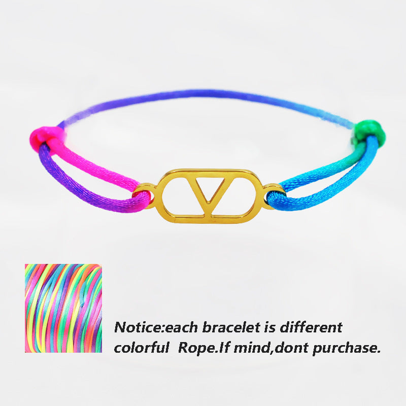 Cross-Border Supply Export Hand-Woven Couple Stainless Steel Warren V Hand Rope Cut Out English Letter Hand Rope Adjustable