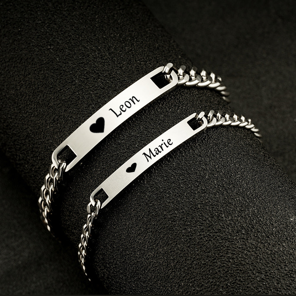 Cross-Border Amazon Hot Selling European and American Fashion Couple DIY Stainless Steel Glossy Curved Bracelet Laser Name