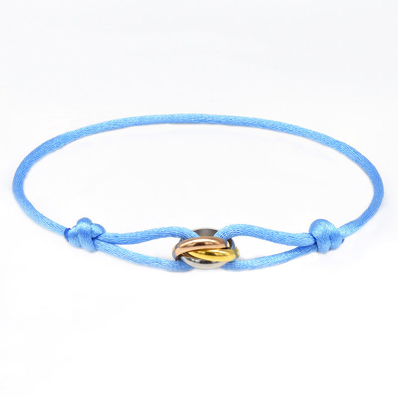 Cross-border supply of foreign trade hand-woven couples stainless steel DIY hand rope three-color three-ring hand rope adjustable bracelet