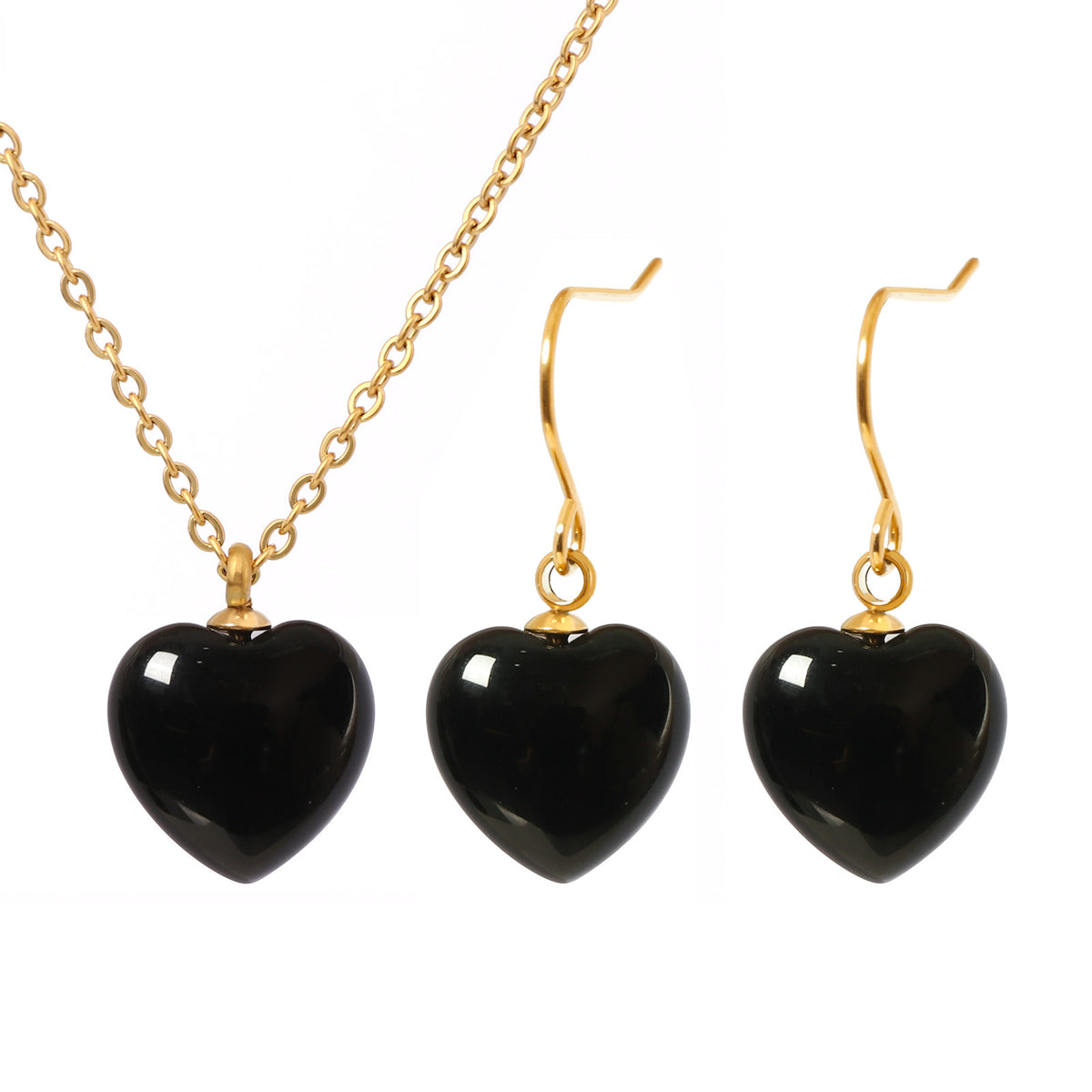 Justop European and American Style High-End Heart-Shaped Pendant Earrings Cross-Border Electroplated Heart-Shaped Ear Studs Black Agate Necklace