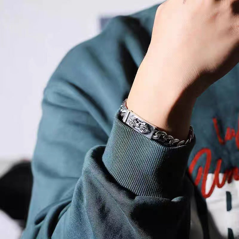 New Retro Vajra Cuban Bracelet Men's Old Thailand Fashion Silver Bracelet Trend Accessories Factory Outlet