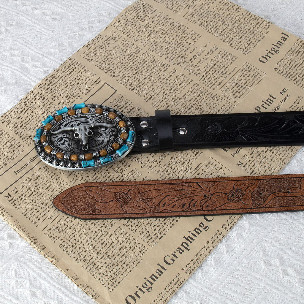 Explosive men's belt personality cow head plate buckle trend belt retro embossed craft belt men's wholesale in stock
