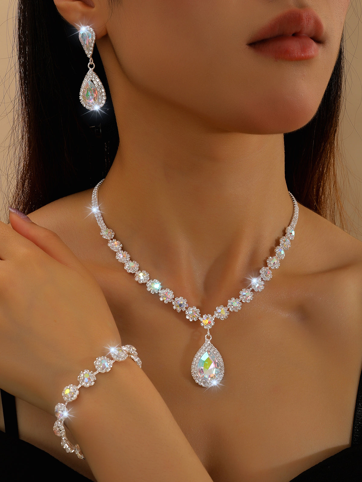 Cross-border Jewelry Explosions Necklace Earrings Bracelet Three-piece Set Full Diamond Flower Bride Jewelry suit Dress Accessories Women