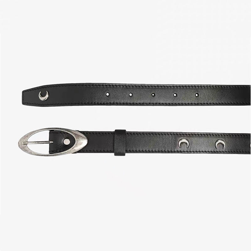 Genuine Leather Distressed Hardware Crescent Belt for Women, Trendy Retro Punk Original Design Brand Cowhide Belt