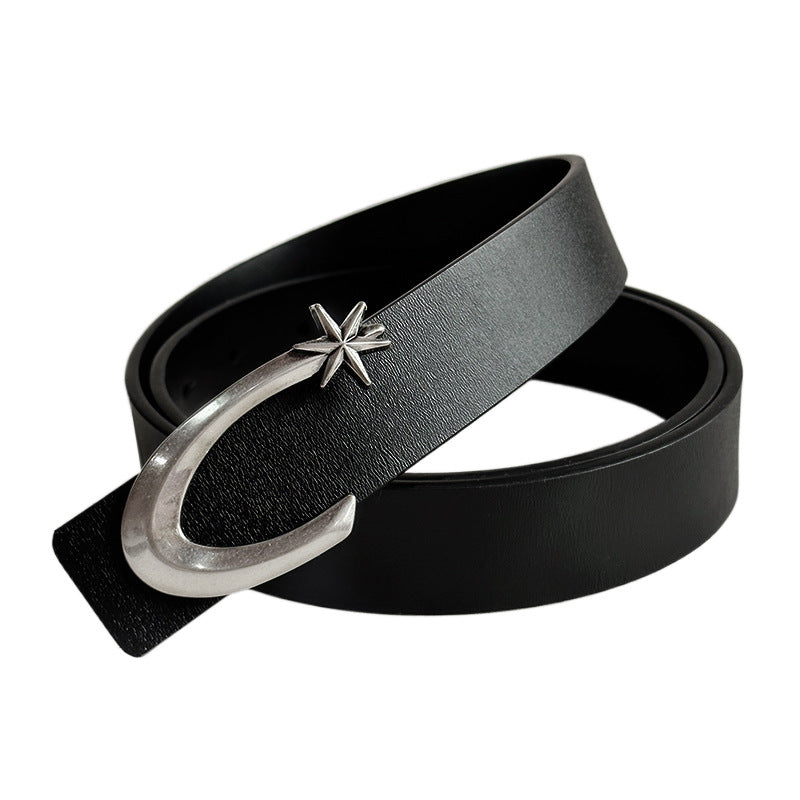 Genuine Leather Distressed Hardware Crescent Belt for Women, Trendy Retro Punk Original Design Brand Cowhide Belt