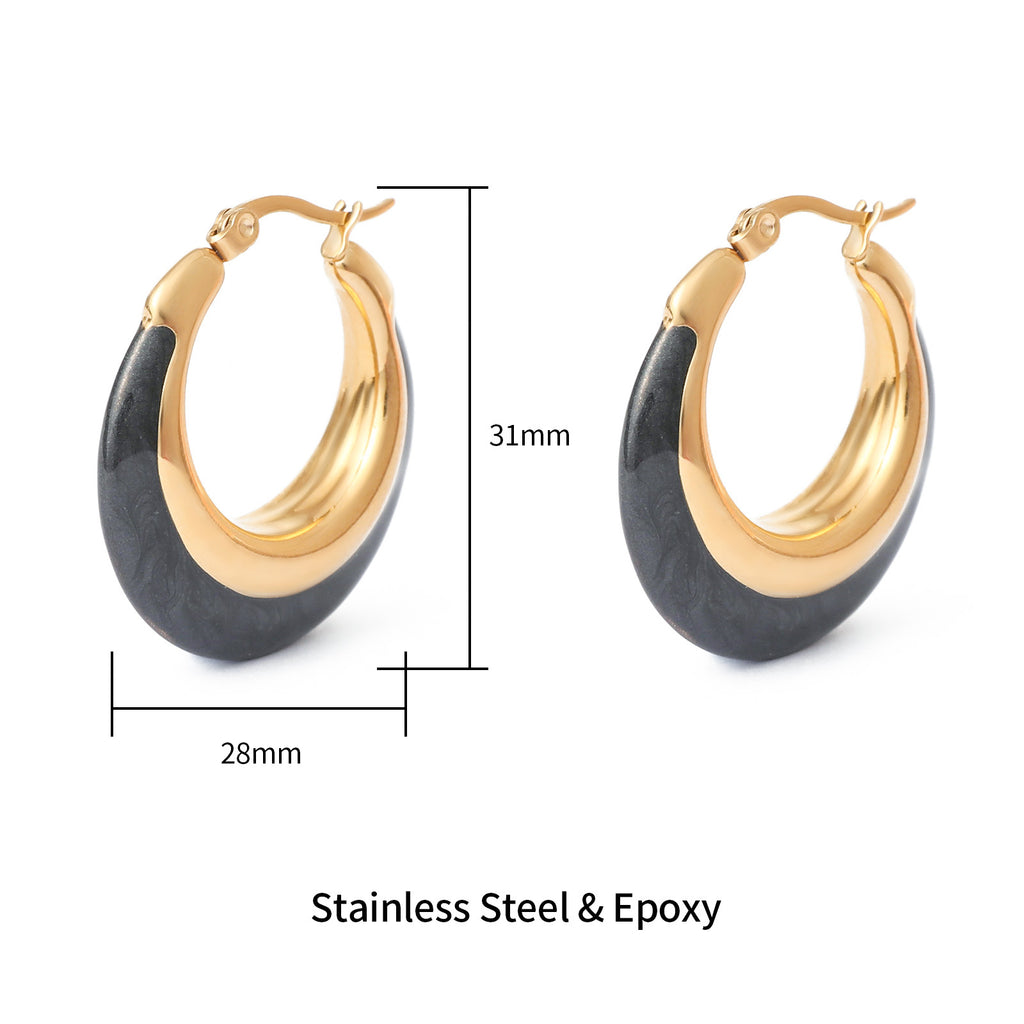 Justop French Ins Personalized Pearl Black Oil Drop Earrings Stainless Steel Vacuum Electroplated Earrings Hong Kong Style Earrings