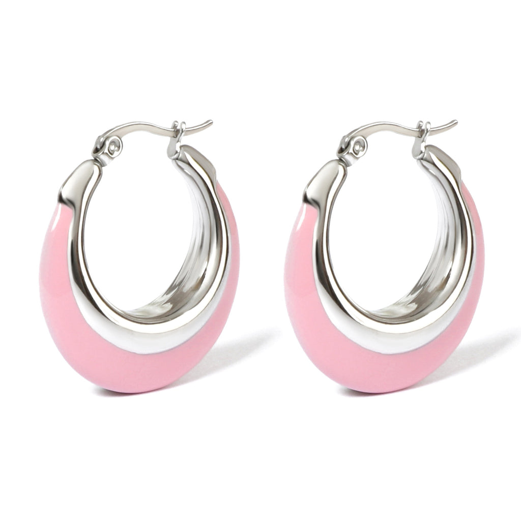 Justop European and American Steel Color Polished Color Matching Enamel Hoop Earrings Pink and White Contrasting Color Ins Sweet and Cool Style Earrings