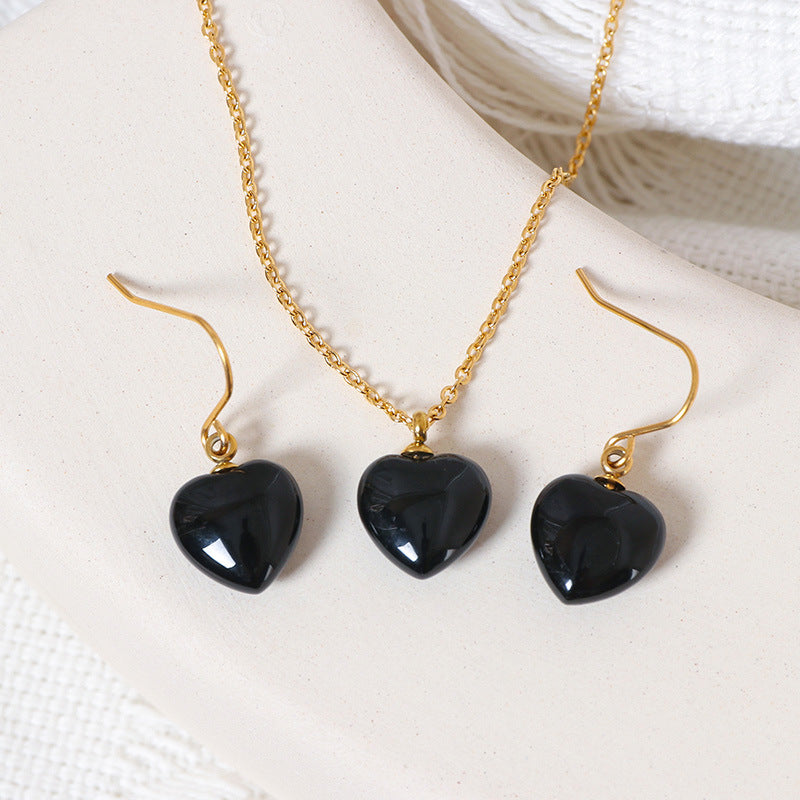 Justop European and American Style High-End Heart-Shaped Pendant Earrings Cross-Border Electroplated Heart-Shaped Ear Studs Black Agate Necklace