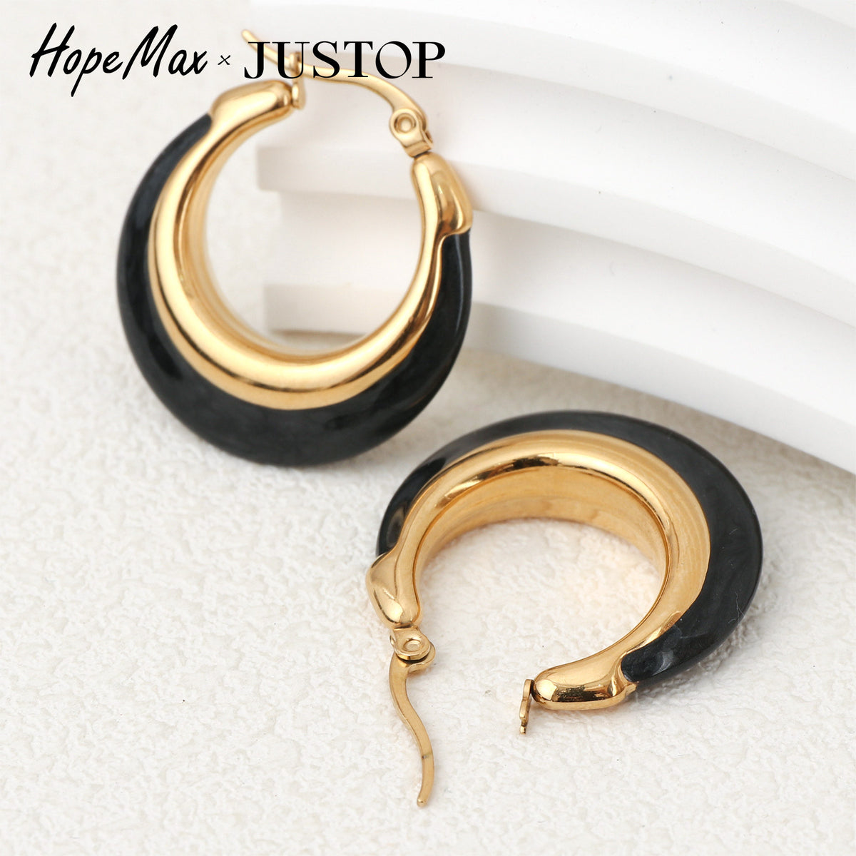 Justop French Ins Personalized Pearl Black Oil Drop Earrings Stainless Steel Vacuum Electroplated Earrings Hong Kong Style Earrings