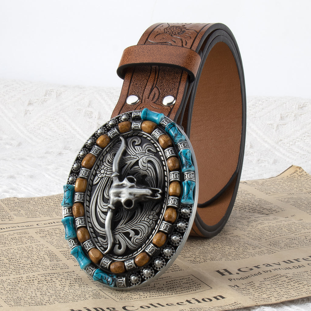 Explosive men's belt personality cow head plate buckle trend belt retro embossed craft belt men's wholesale in stock