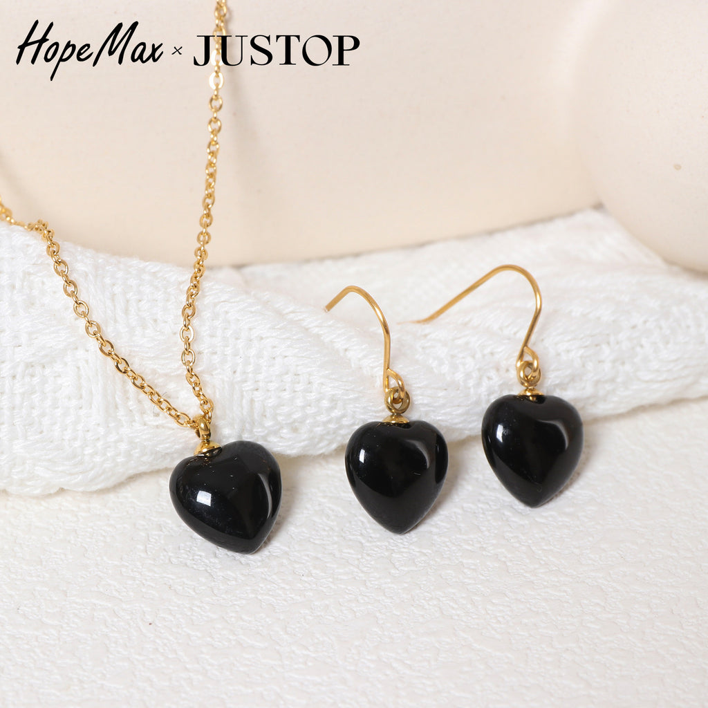Justop European and American Style High-End Heart-Shaped Pendant Earrings Cross-Border Electroplated Heart-Shaped Ear Studs Black Agate Necklace
