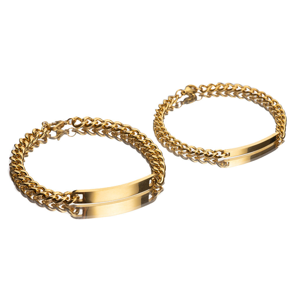 Amazon New Hot Sale 2 Pieces/Set Engravable Titanium Steel Couple's Day 18K High Quality Gold Plated Bracelet
