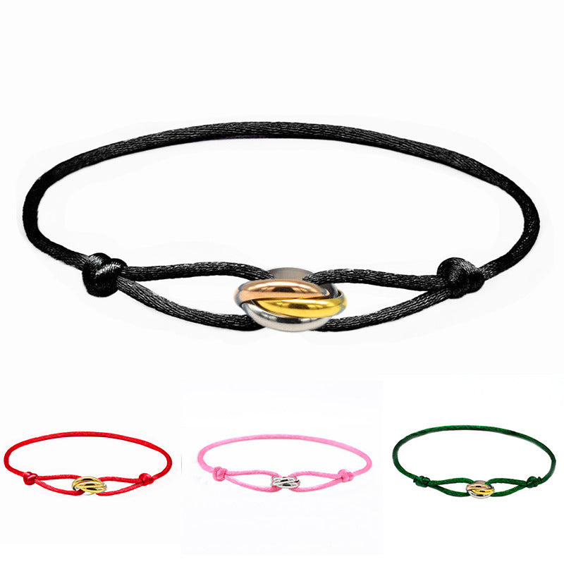 Cross-border supply of foreign trade hand-woven couples stainless steel DIY hand rope three-color three-ring hand rope adjustable bracelet