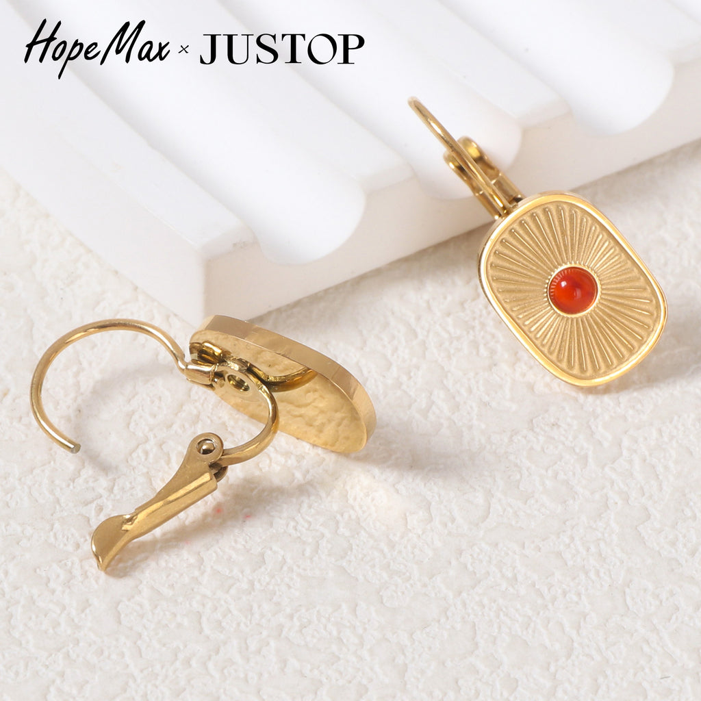 Justop French Ins Natural Stone Red Agate Earrings Stainless Steel Electroplated Polished Earrings Retro Earrings Earrings