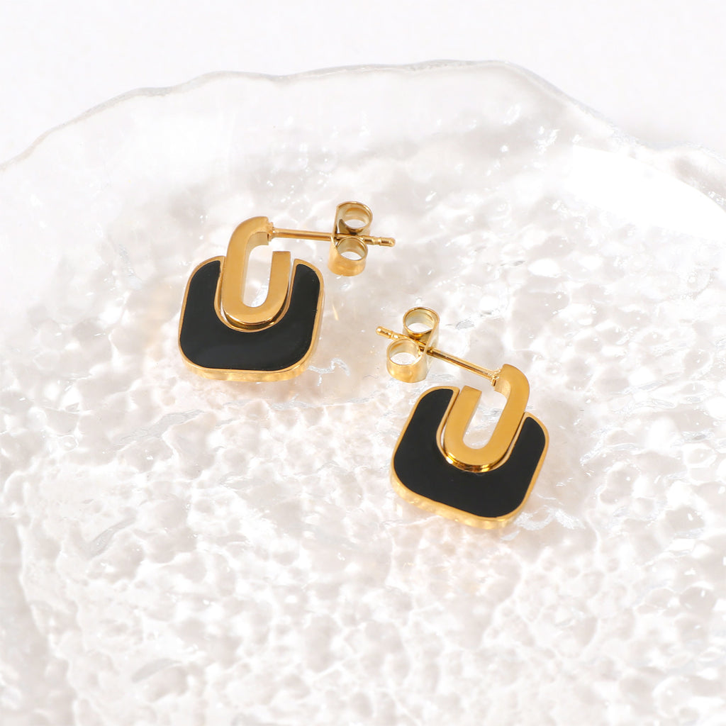 Justop European and American French Black Oil Drop Earrings Real Gold Electroplated Earrings Gold Stainless Steel Earrings Simple Ear Hooks
