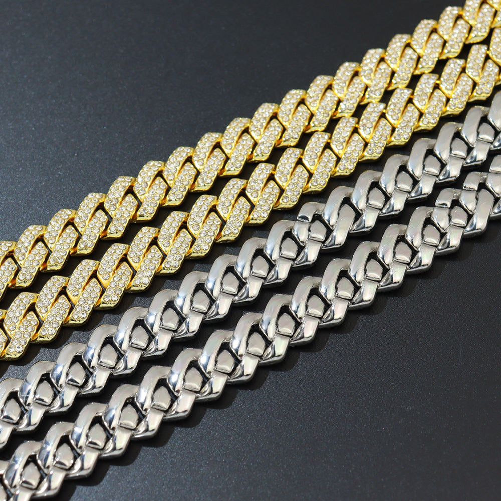 Cross-Border Jewelry 14mm Diamond-Shaped Cuban Chain Wide European and American Hip-Hop Full Diamond Double-Row Diamond Necklace Accessories Necklace
