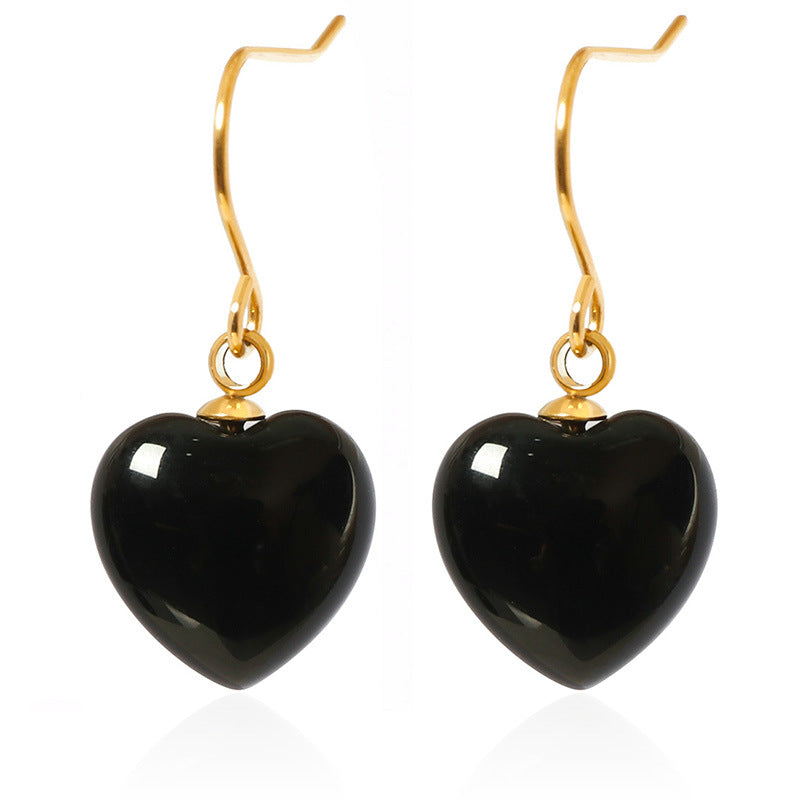 Justop European and American Style High-End Heart-Shaped Pendant Earrings Cross-Border Electroplated Heart-Shaped Ear Studs Black Agate Necklace