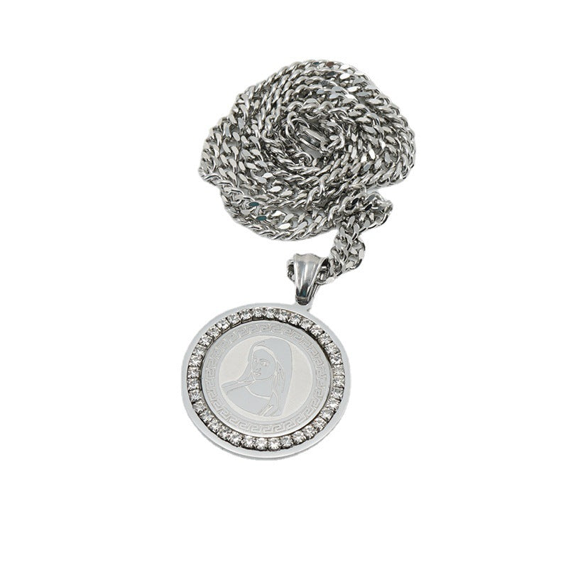 Cross-border European and American Titanium Steel HIPHOP Men's and Women's Necklace Men's 18K Stainless Steel Diamond-encrusted Personality Hip-hop Pendant Women