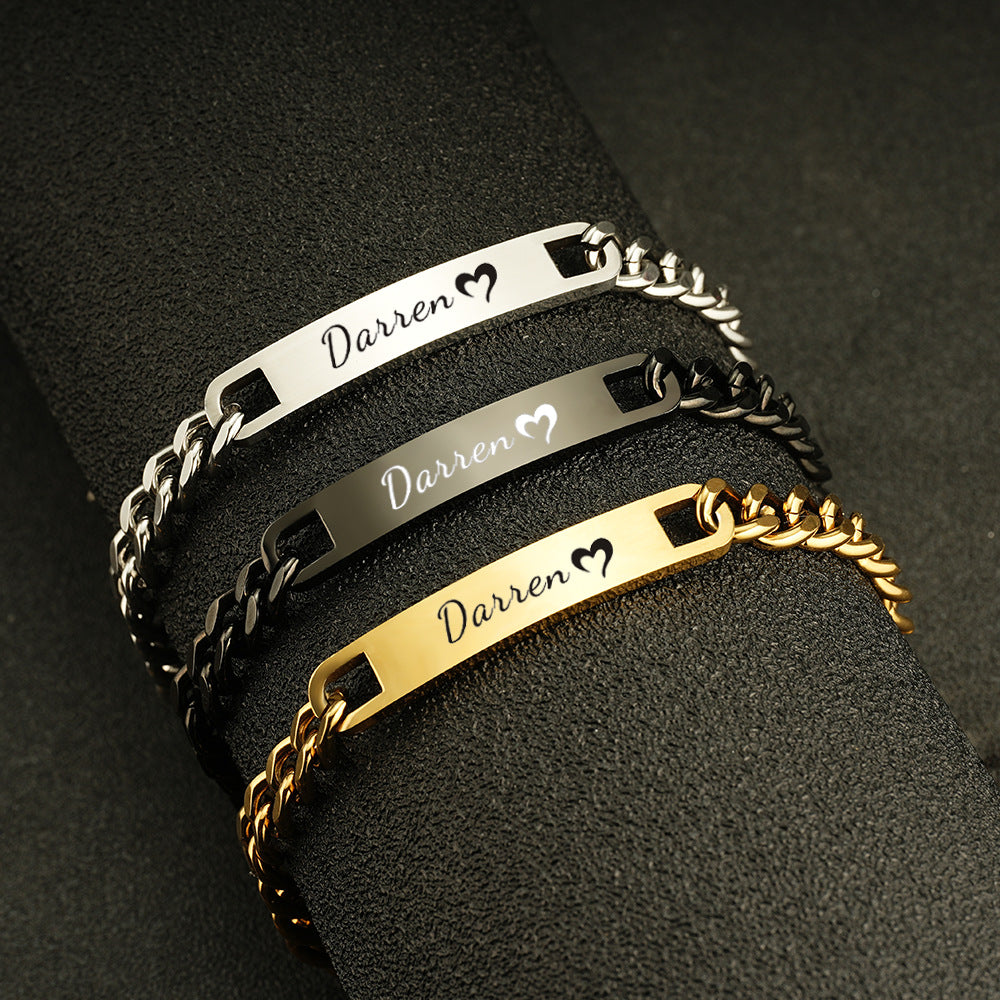 Cross-Border Amazon Hot Selling European and American Fashion Couple DIY Stainless Steel Glossy Curved Bracelet Laser Name