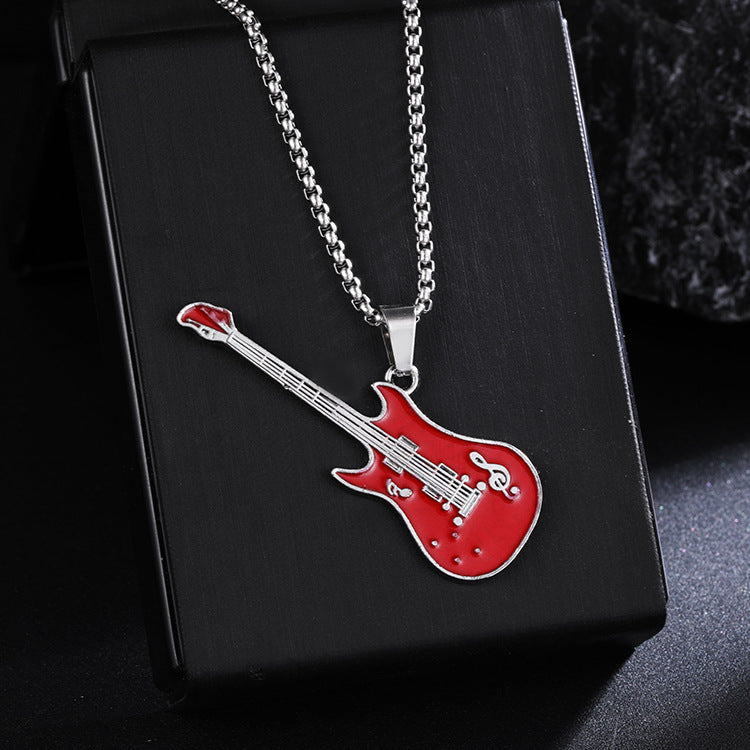 New Guitar Pendant Necklace for Men, Colorful Oil-Drip Alloy Instrument Stainless Steel Pendant DIY Jewelry Accessories for Women