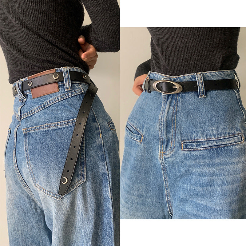 Genuine Leather Distressed Hardware Crescent Belt for Women, Trendy Retro Punk Original Design Brand Cowhide Belt