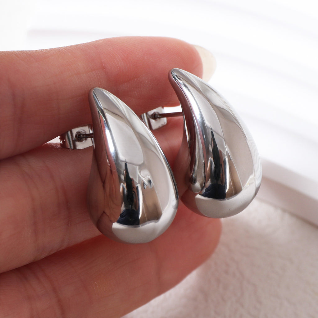 Justop European and American Cross-Border Water Drop Earrings French Stainless Steel Polished Earrings Steel Color Tiger Tooth Earrings Fashion Earrings