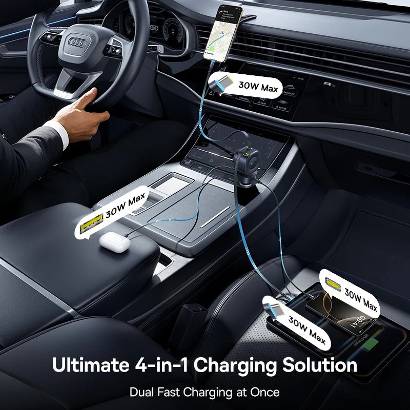 Baseus Car Charger 60W 100W 30W 240W 4 ports Built in Dual Retractable Cable PD Fast Charging USB Type-C Car Phone Charger