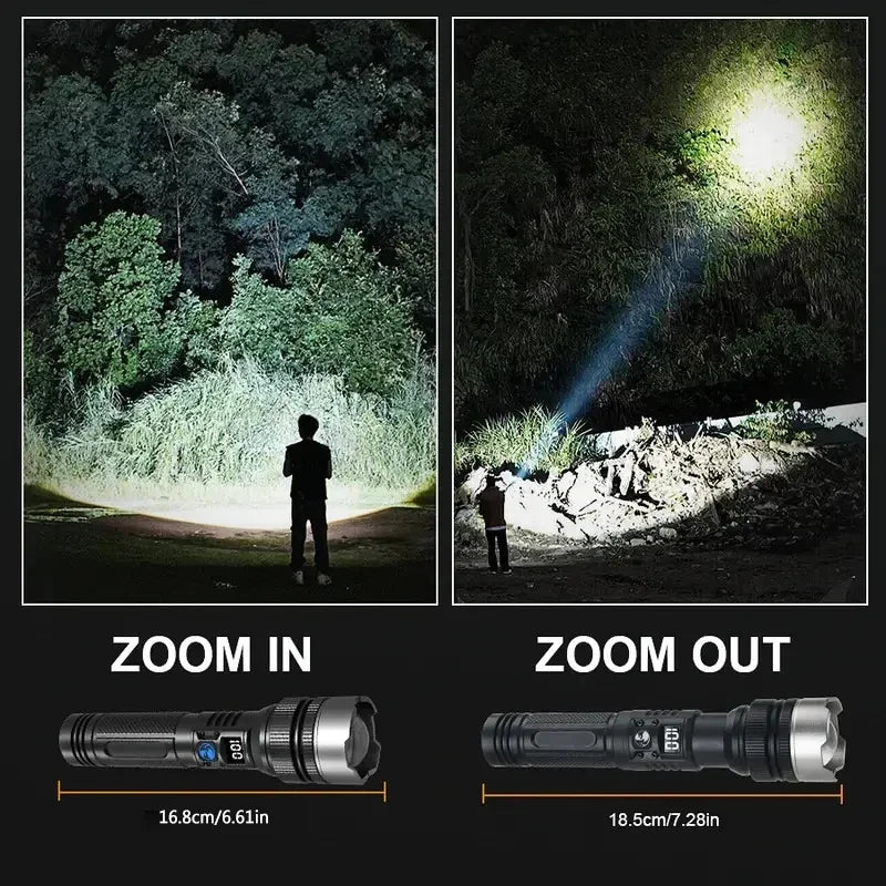 Powerful LED Flashlight Type-C Rechargeable Zoomable Torch with Digital Display Handheld Flashlights Power Bank for Outdoor Use