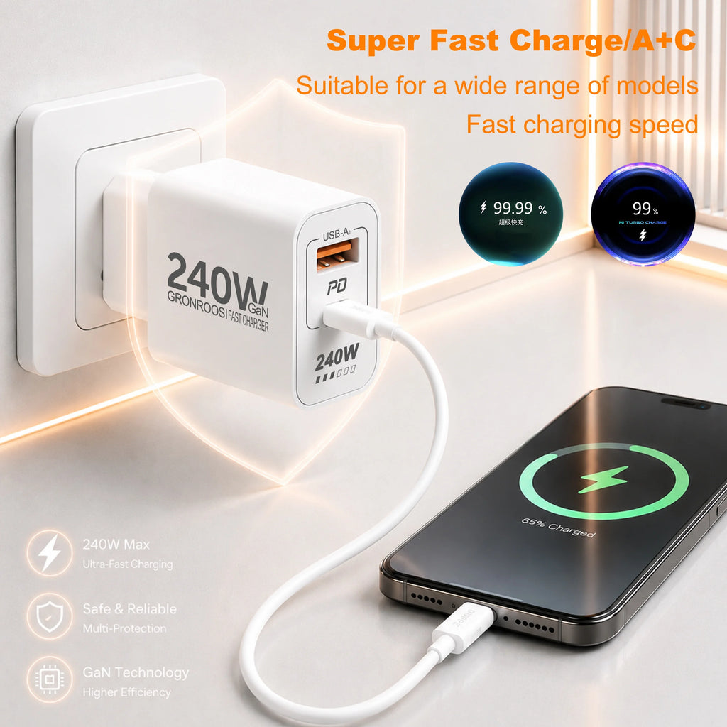 240W GaN PD USB C Charger For iPhone 17 16 15 14 13 12 Pro Max Phone QC 3.0 PD 3.0 USB Type C Fast Charging for Xiaomi poco iPad