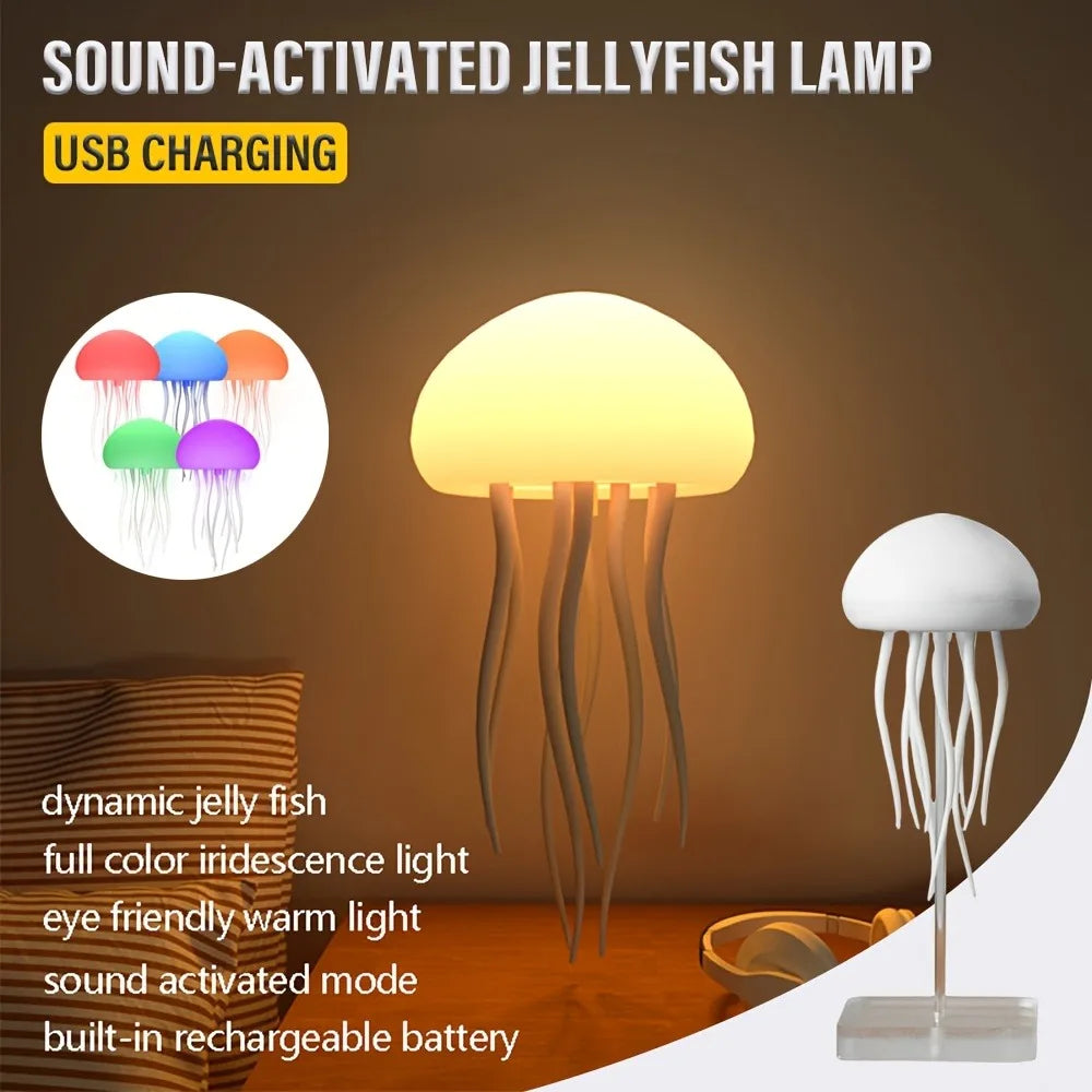 Bionic Jellyfish Night Light,USB Rechargeable with Voice Control,Dancing Tentacles,5 RGB Gradient,Floating Lamp,Bedroom Decor