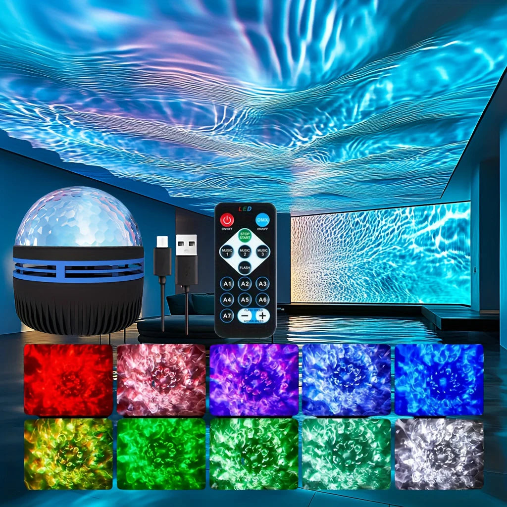 Starry Sky Galaxy Ocean Wave Projector Light USB 7Modes LED Night Lamp Auto Rotate Perfect for Home Room Party Bar Ceiling Decor