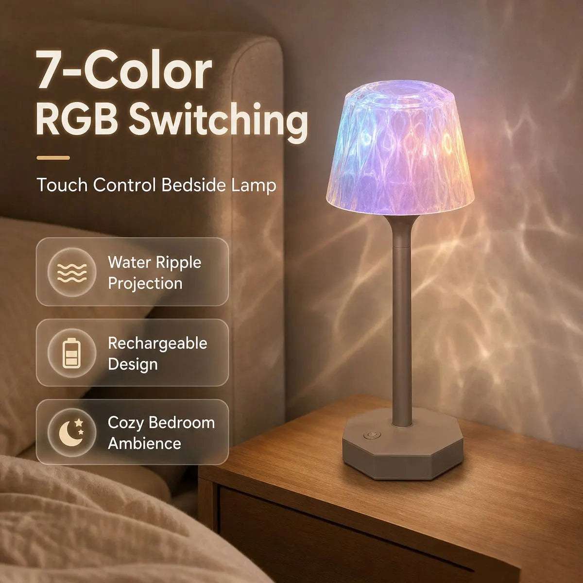 Waterproof Shower Lamp with Ocean Wave Projector for Bathroom, Cordless Rechargeable Bath Light with 16 Color Changing