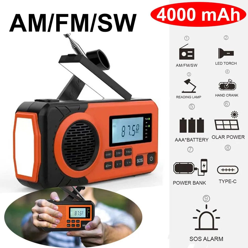 LOTOTG Portable Emergency Solar Power Radio Hand Crank Charging AM/FM Weather Radio Led Reading Flashlight Bank Phone Charger