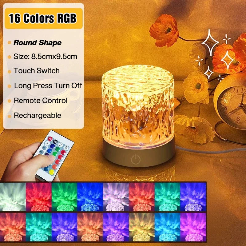Remote 16 Colors Water Ripples Lights Rechargeable Ocean Wave Projector Lamp for Bedroom Decoration Rotating Flame Nightlight