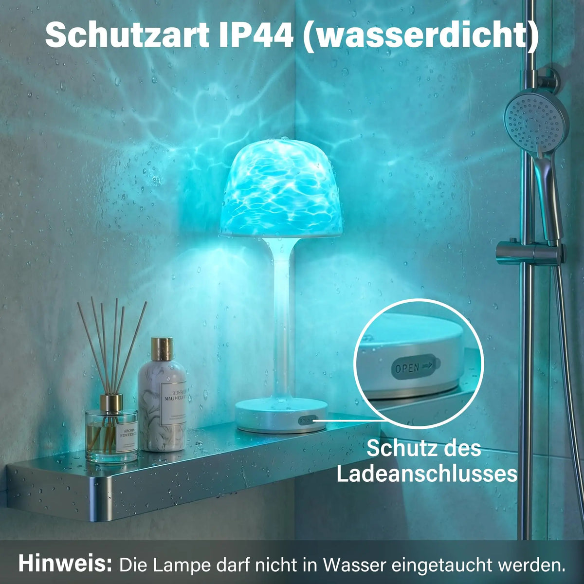 Waterproof Shower Lamp with Ocean Wave Projector for Bathroom, Cordless Rechargeable Bath Light with 16 Color Changing