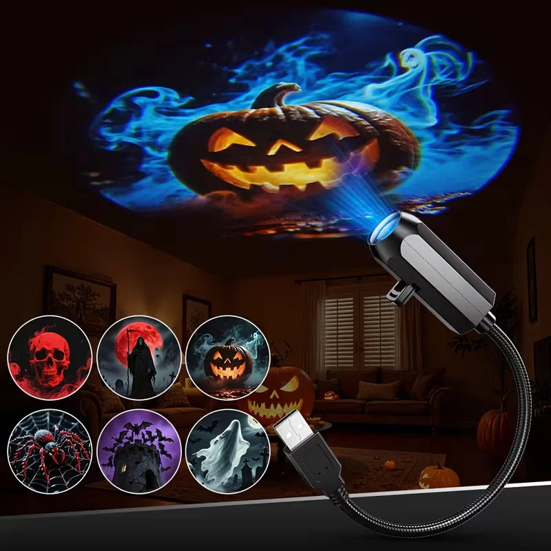 USB Halloween Projector Light 6-Pattern Adjustable LED Night Light for Halloween Christmas Atmosphere Mood Light Room Decoration