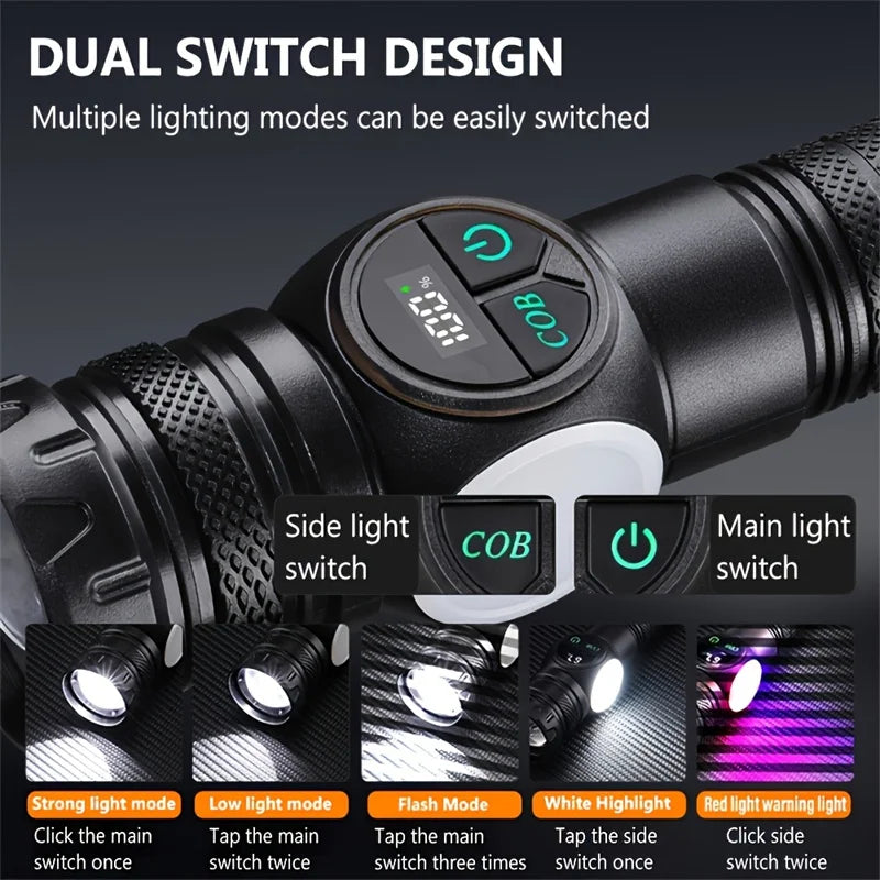 High Strong Power LED Flashlights USB Rechargeable Magnetic Tactical Torch With COB Side Light Camping Fishing Zoom Lantern