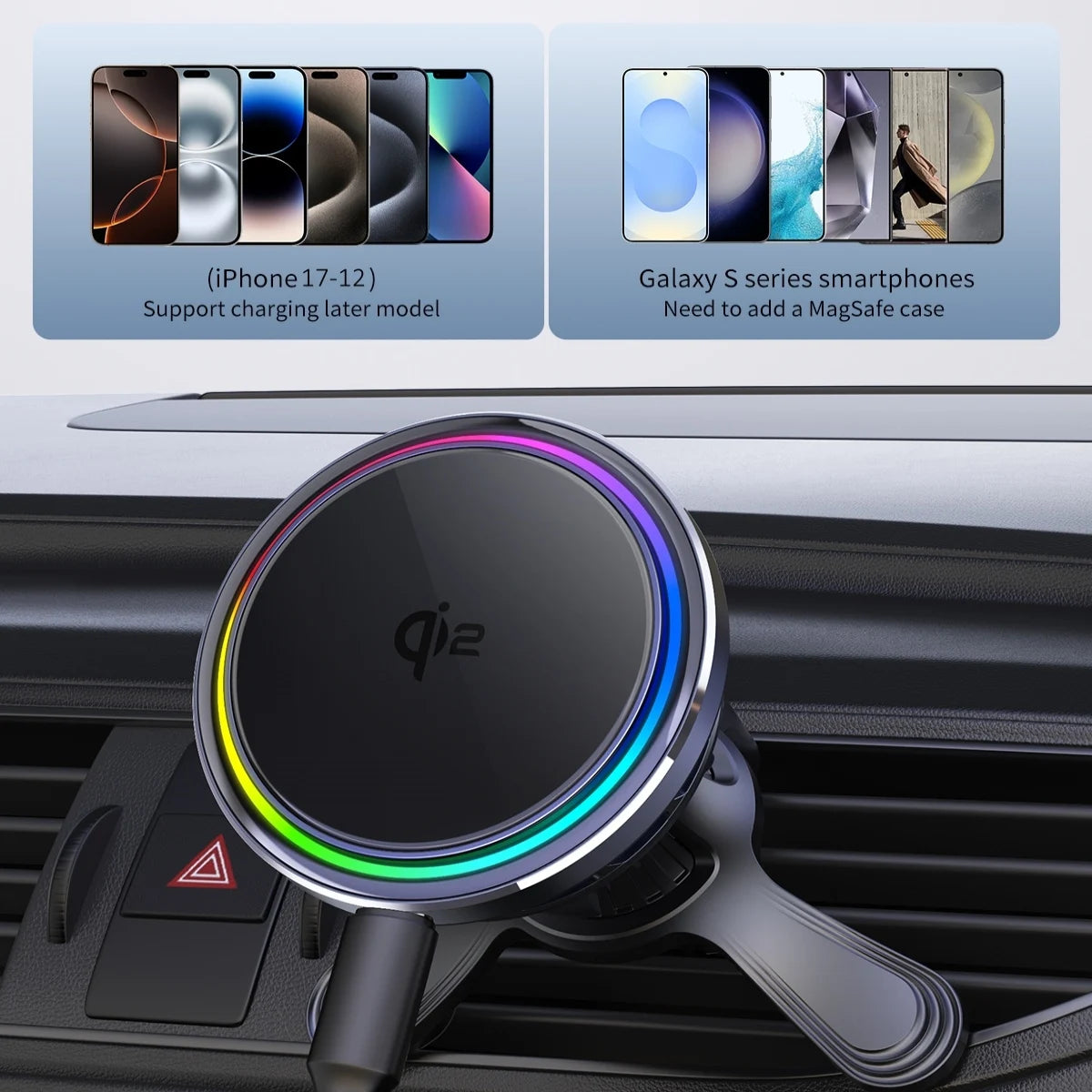 Air Vent Phone Stand RGB & Ice-Cooling & Car 25W QI2 Magnetic Wireless Charger For iPhone 17 16 15 14 13 Pro Max Fast Charging