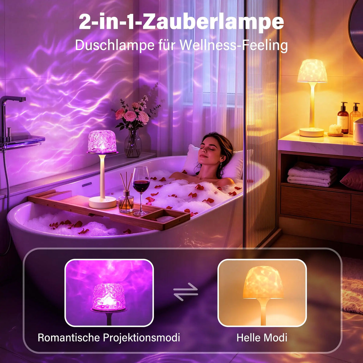 Waterproof Shower Lamp with Ocean Wave Projector for Bathroom, Cordless Rechargeable Bath Light with 16 Color Changing