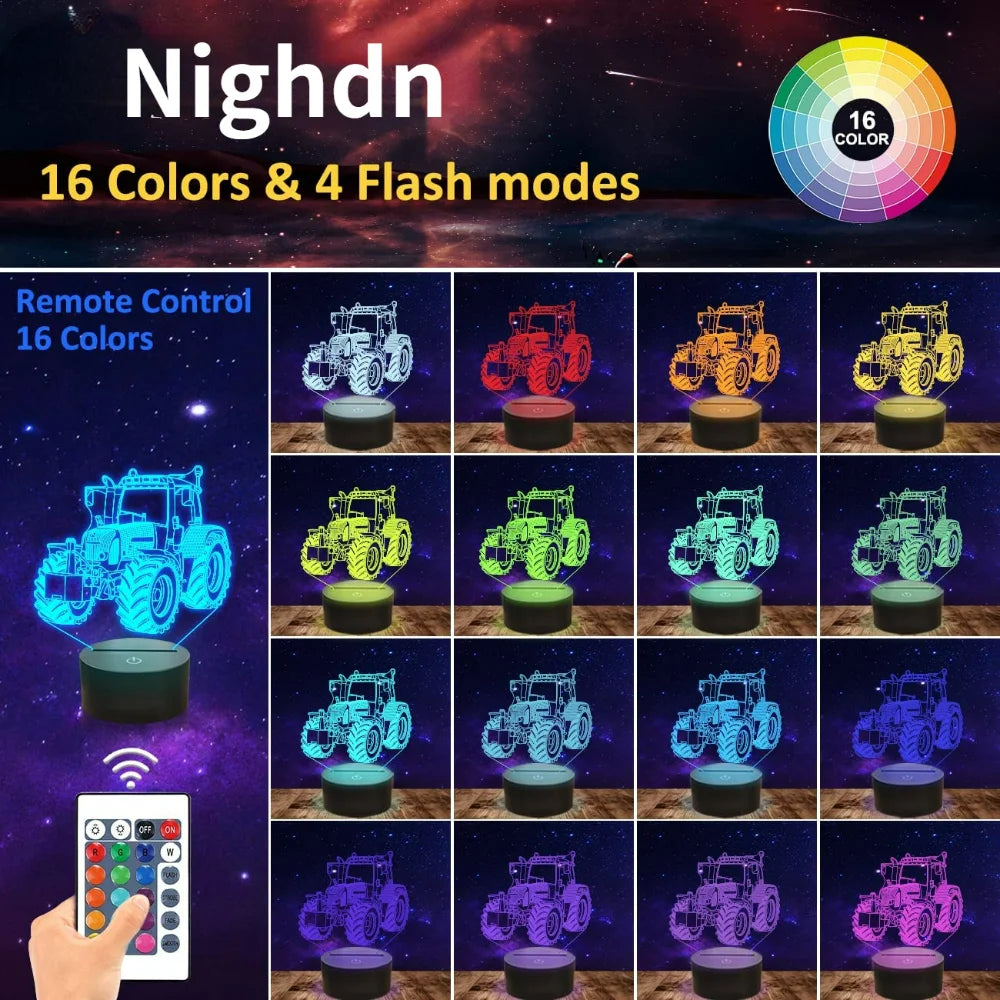 Nighdn 3D Illusion Lamp Tractor Night Light with Remote Control 16 Color Changing Bedside Lamp for Kids Tractor Gifts for Boys