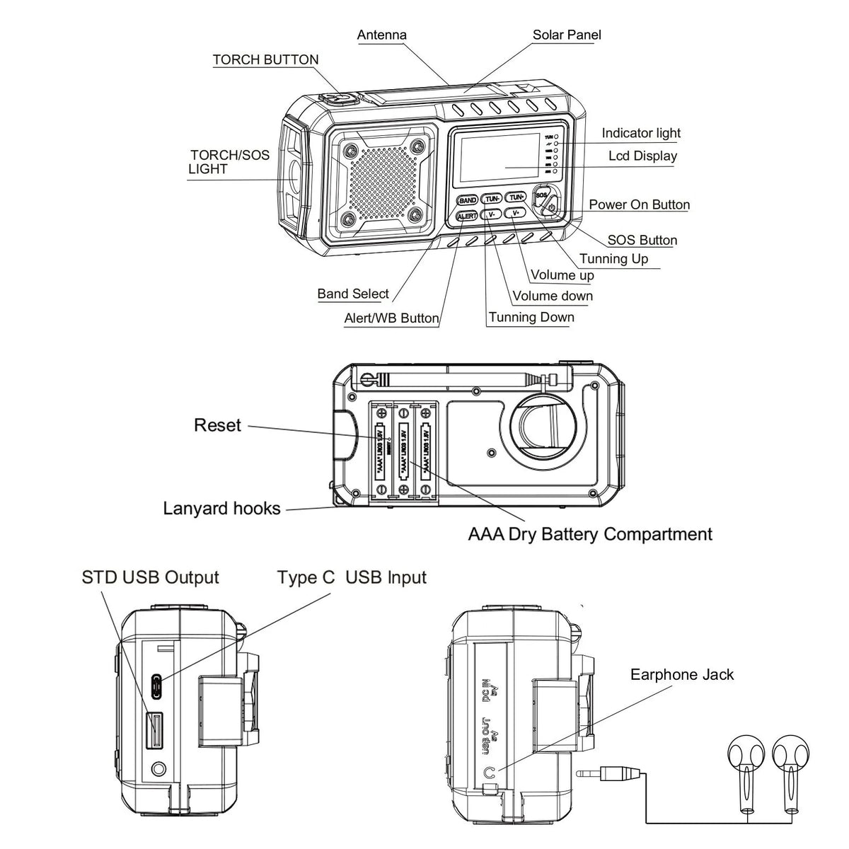LOTOTG Portable Emergency Solar Power Radio Hand Crank Charging AM/FM Weather Radio Led Reading Flashlight Bank Phone Charger